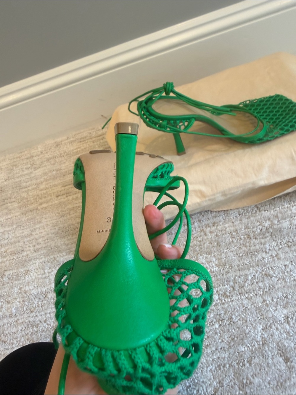 Bottega Veneta Vibrant Green Lace-Up Mesh Heels - Picture 10 of 12